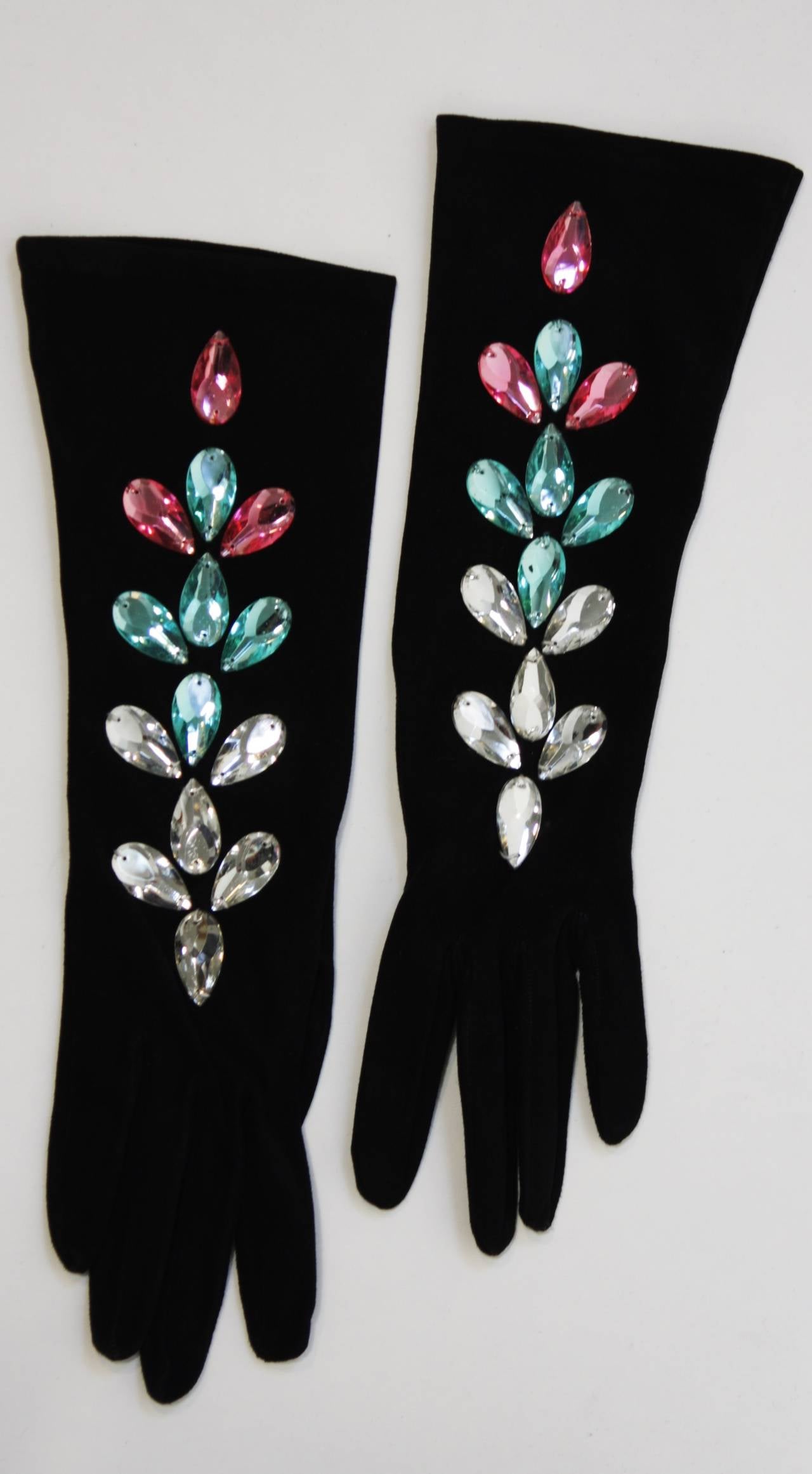 Black Yves Saint Laurent Jeweled Kidskin Suede Gloves Size 6.5