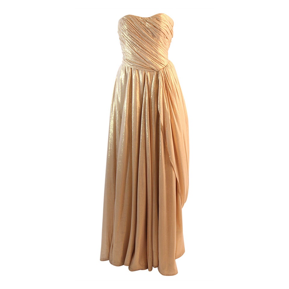 Elizabeth Mason Couture Custom Draped Strapless Gold Lame Gown For Sale