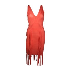 Orangefarbenes Bodycon-Kleid von Herve Leger mit Fransen Größe XS