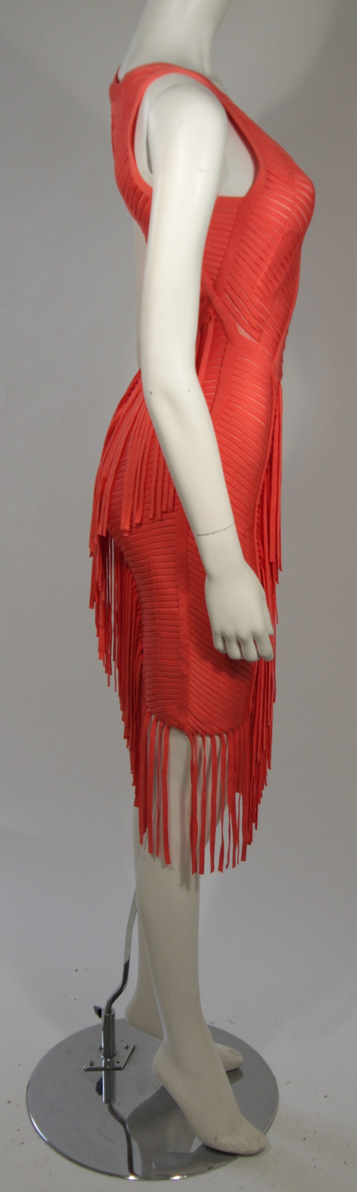 Red Herve Leger Orange Fringed Bodycon Dress Size XS For Sale
