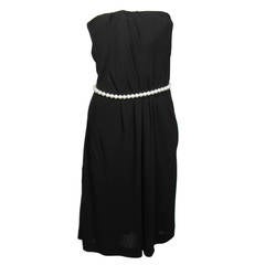 Chanel 2009 Black Jersey Cocktail Dress with Attached Pearl self Belt Size 38
