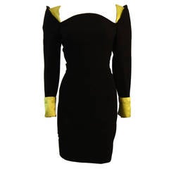 Gianni Versace Black Cocktail Dress with Lime Green Silk cuff & shoulder detail
