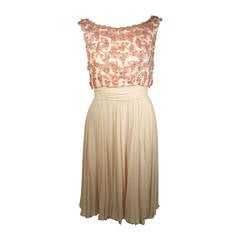 Pat Sandler Ivory Chiffon Cocktail Dress with Pink Embellishment Accents 3