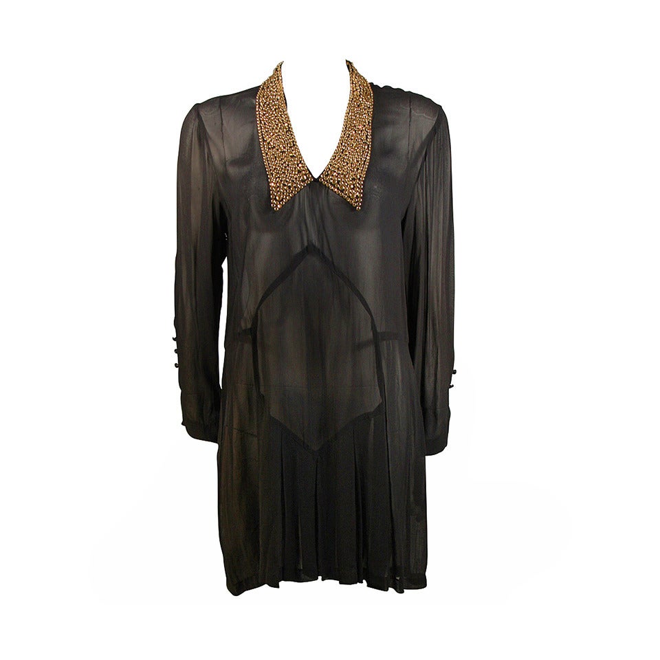 Michael Morrison Sheer Black Shirt Dress with Heavily Embellished Collar