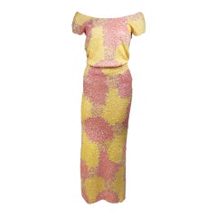 Vintage Gene Shelly's Yellow and Pink Stretch Wool Abstract Sequin Motif Evening Set 6-8