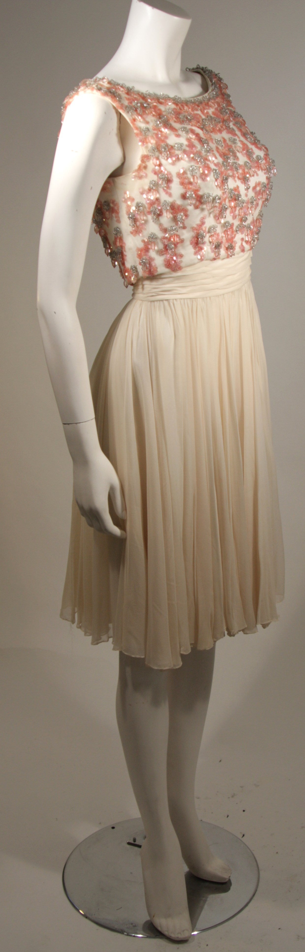 Brown Pat Sandler Ivory Chiffon Cocktail Dress with Pink Embellishment Accents For Sale