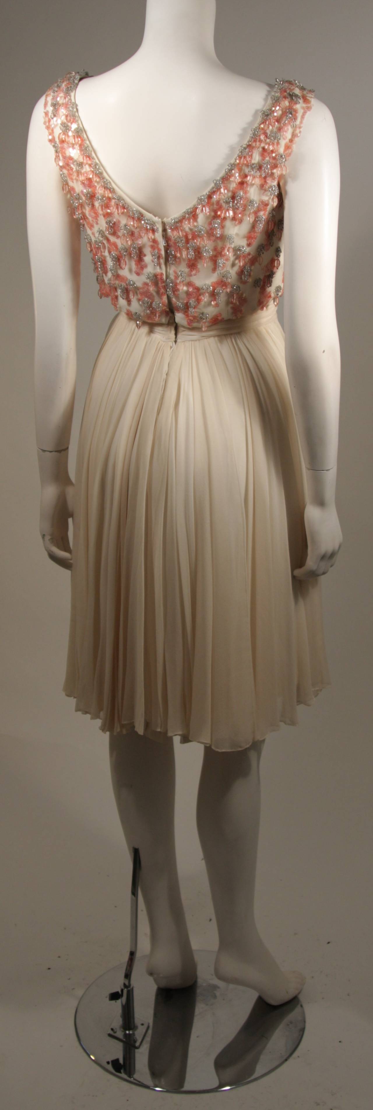 Pat Sandler Ivory Chiffon Cocktail Dress with Pink Embellishment Accents In Excellent Condition For Sale In Los Angeles, CA