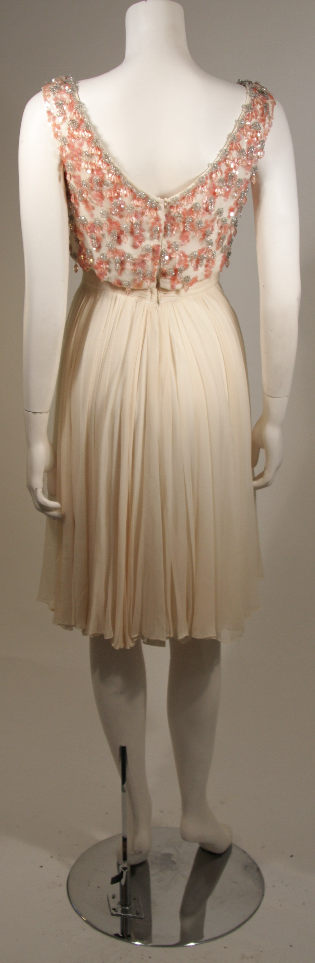 Pat Sandler Ivory Chiffon Cocktail Dress with Pink Embellishment Accents For Sale 1