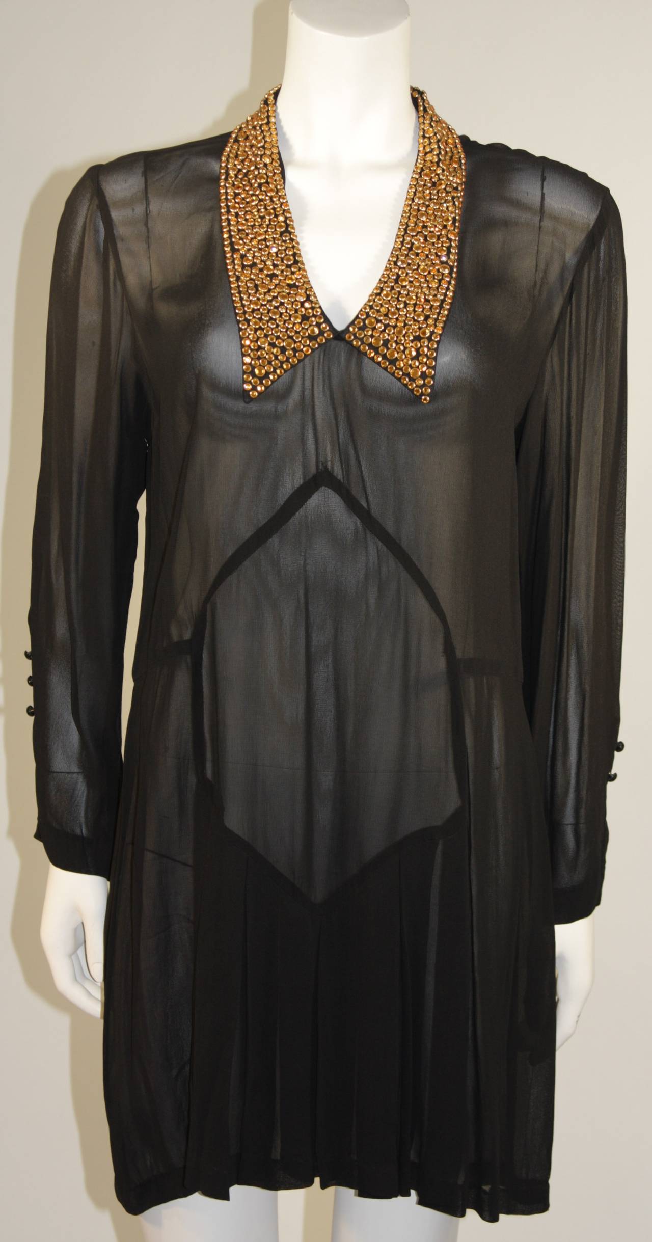 Michael Morrison Sheer Black Shirt Dress with Heavily Embellished Collar In New Condition In Los Angeles, CA