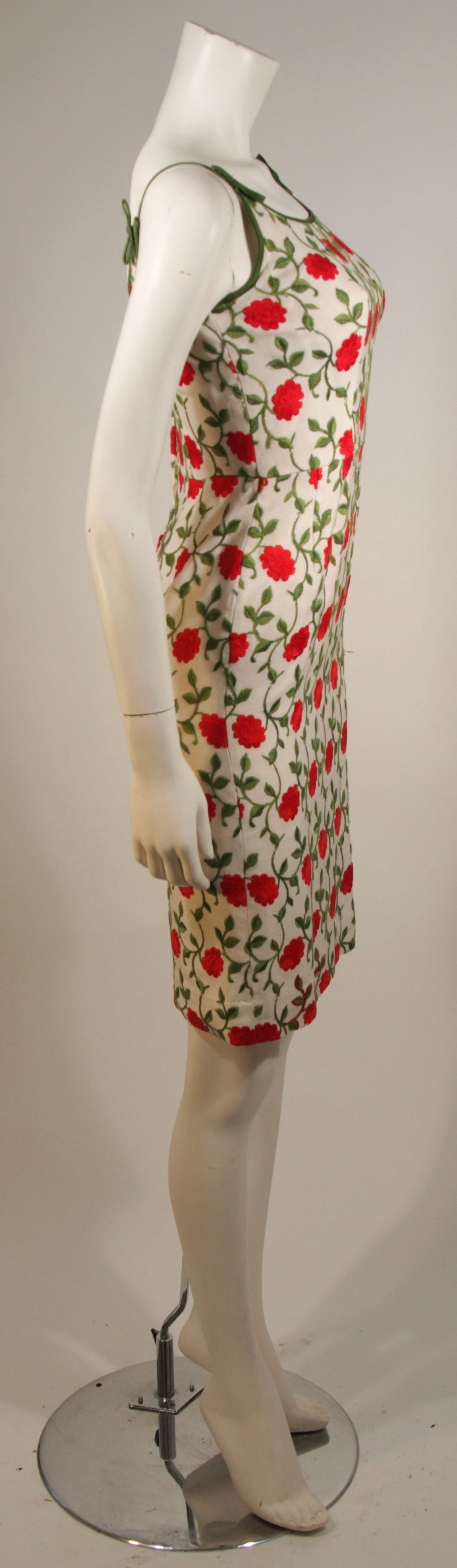 Beige Red Floral Embroidered Linen Dress For Sale