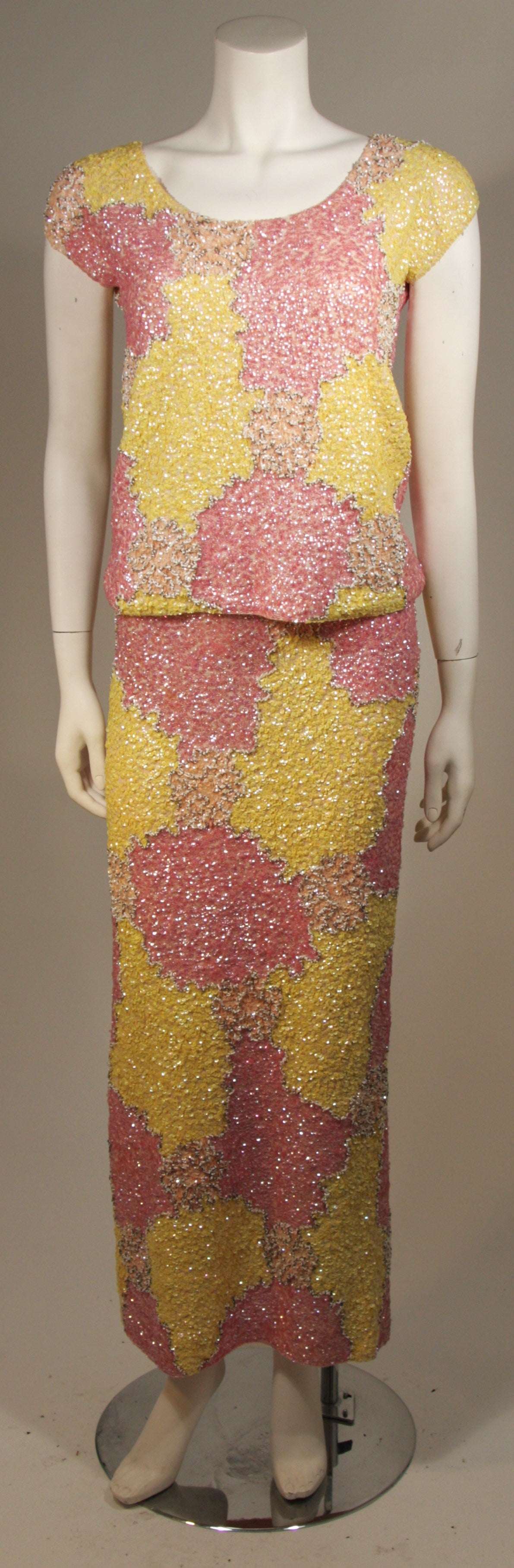 Brown Gene Shelly's Yellow and Pink Stretch Wool Abstract Sequin Motif Evening Set 6-8 For Sale