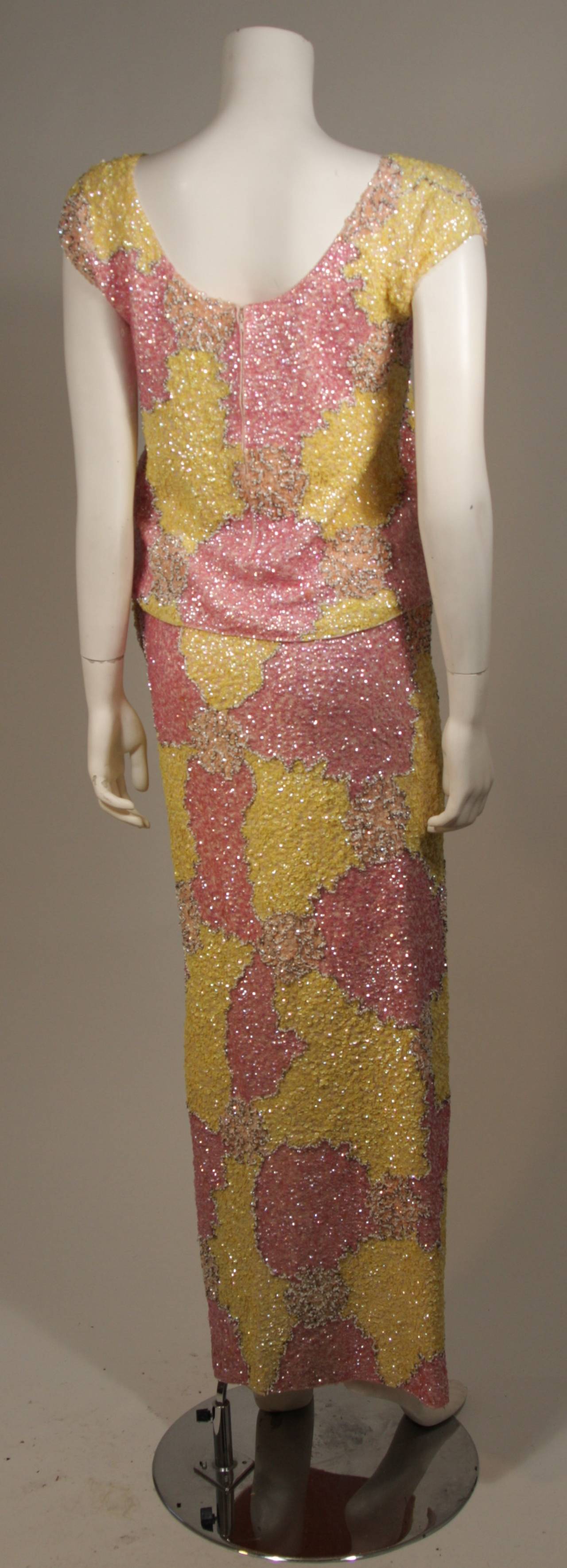 Gene Shelly's Yellow and Pink Stretch Wool Abstract Sequin Motif Evening Set 6-8 For Sale 2
