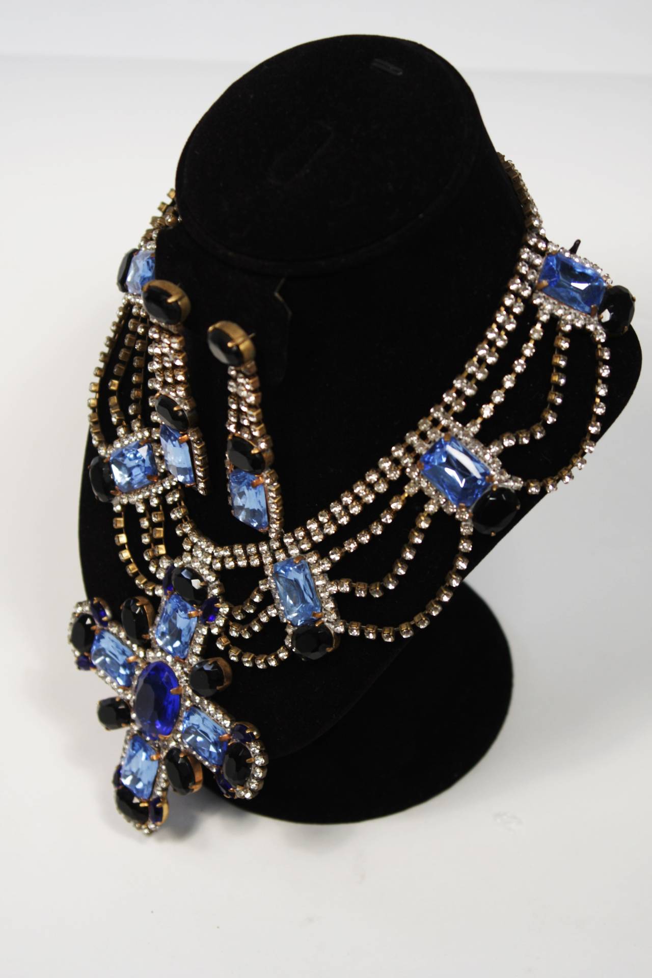 Bijoux M.G. Czech Rhinestone Sapphire Bib Necklace and Earring set In Excellent Condition In Los Angeles, CA