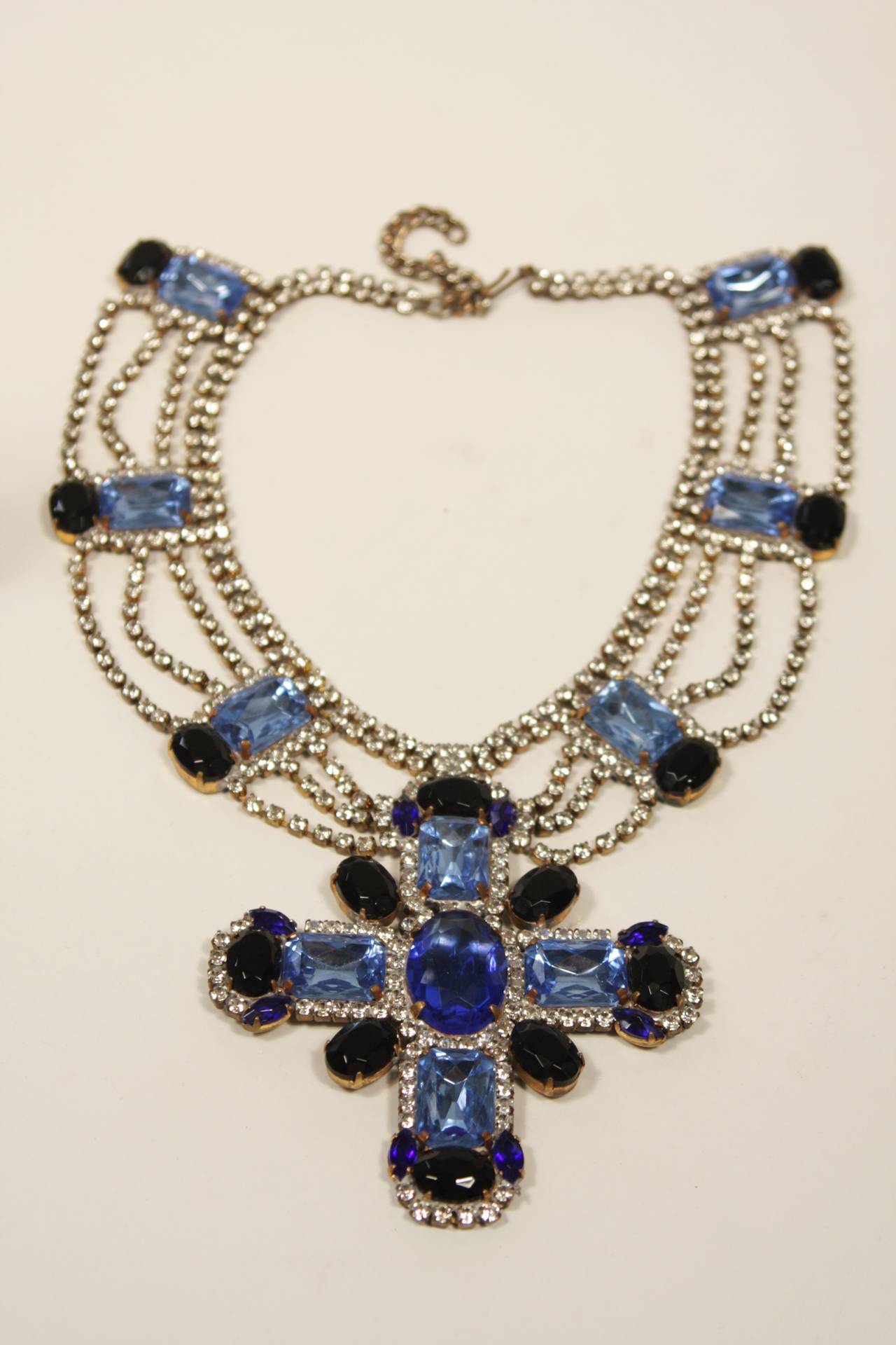 Women's Bijoux M.G. Czech Rhinestone Sapphire Bib Necklace and Earring set