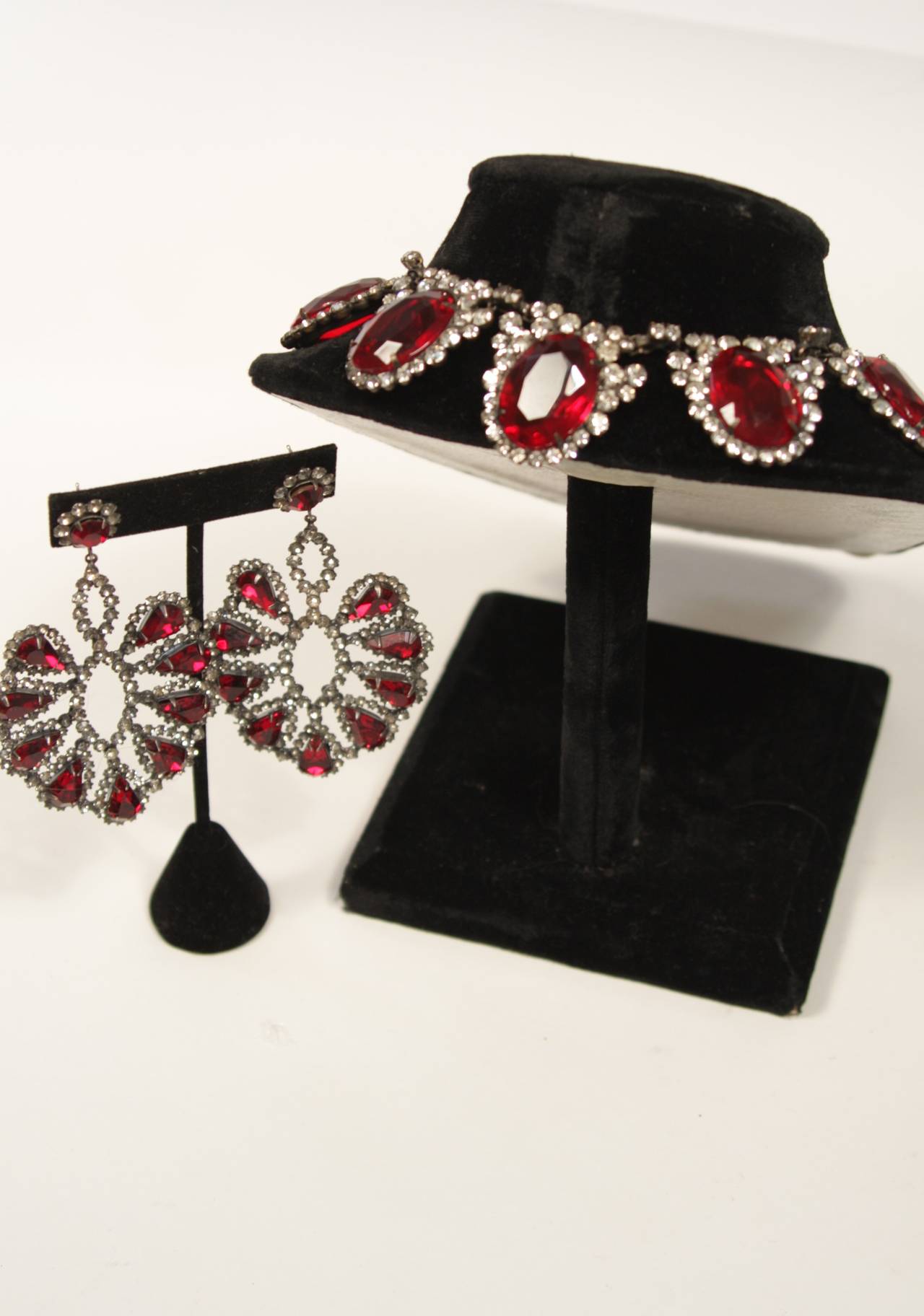 Kenneth Jay Lane Dramatic Red Rhinestone Bib Necklace and Earring Set 3