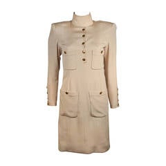 1980's Chanel Haute Couture Champagne Silk Military Inspired Dress Size 2-4