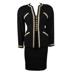 Vintage 1980's Chanel Haute Couture Black Skirt Suit with Gold Embellished Trim Size 34