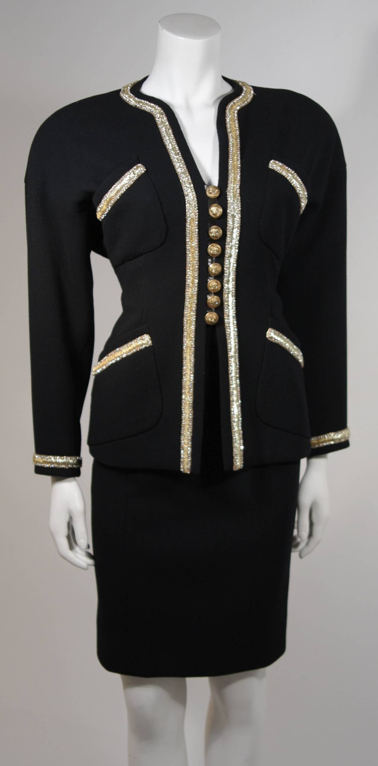 1980's Chanel Haute Couture Black Skirt Suit with Gold Embellished Trim Size 34 In Excellent Condition In Los Angeles, CA