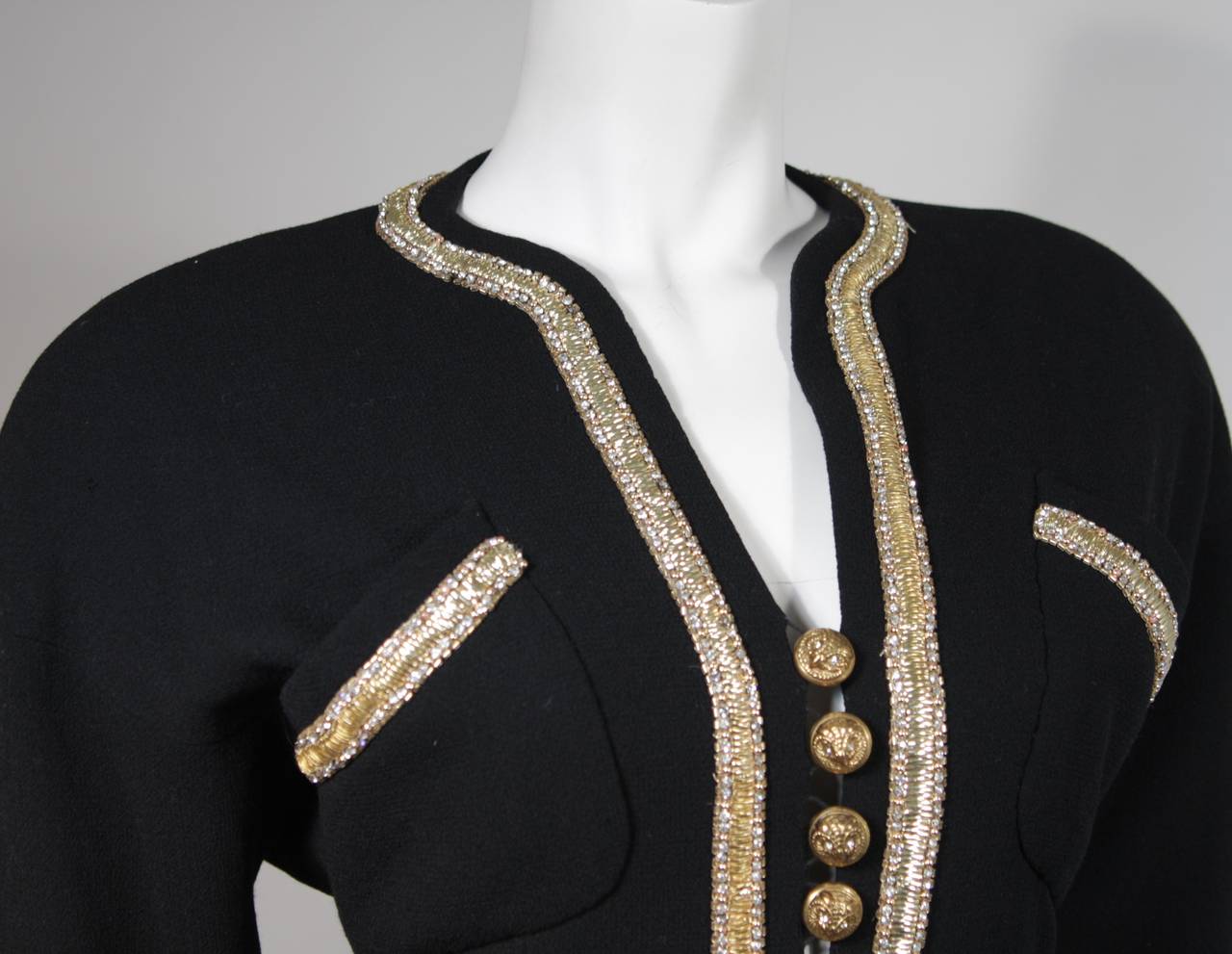 Women's 1980's Chanel Haute Couture Black Skirt Suit with Gold Embellished Trim Size 34