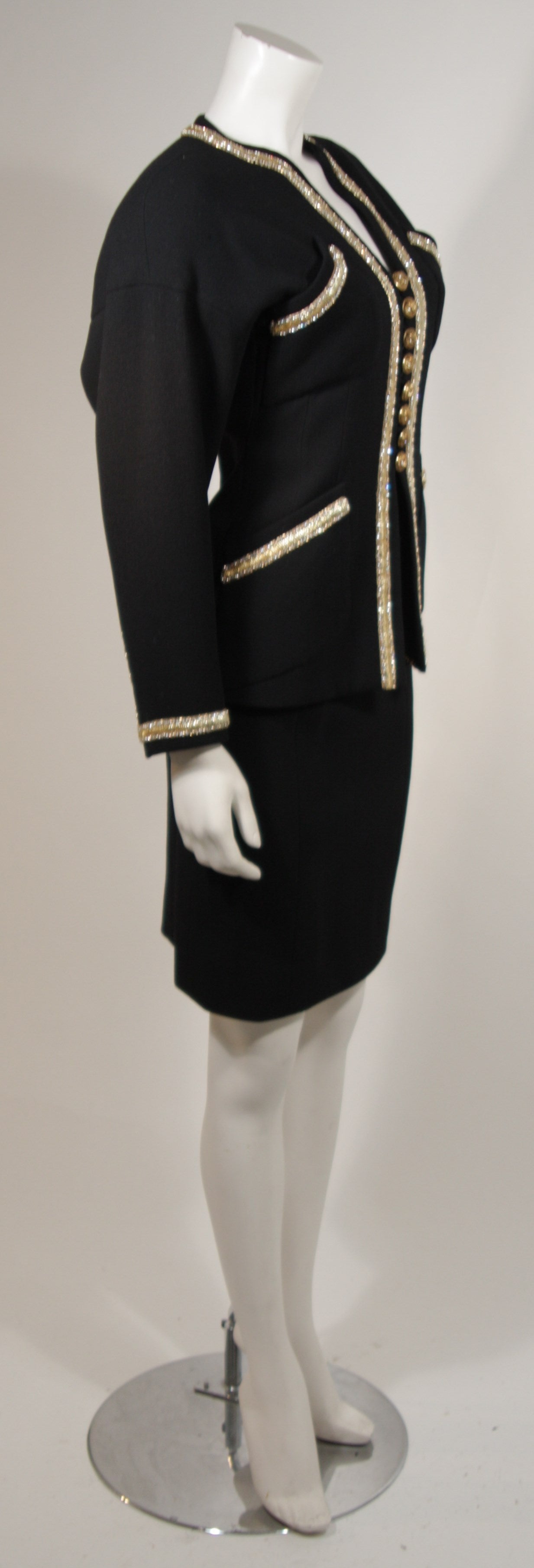 1980's Chanel Haute Couture Black Skirt Suit with Gold Embellished Trim Size 34 1