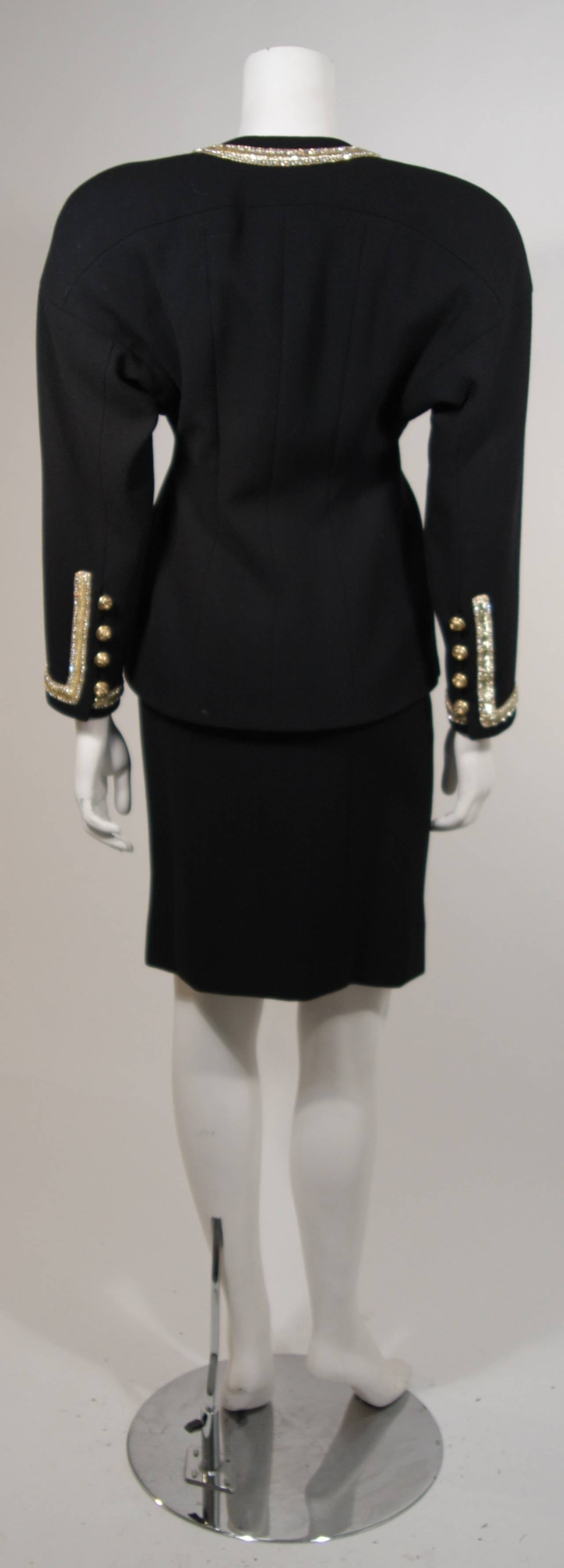1980's Chanel Haute Couture Black Skirt Suit with Gold Embellished Trim Size 34 3