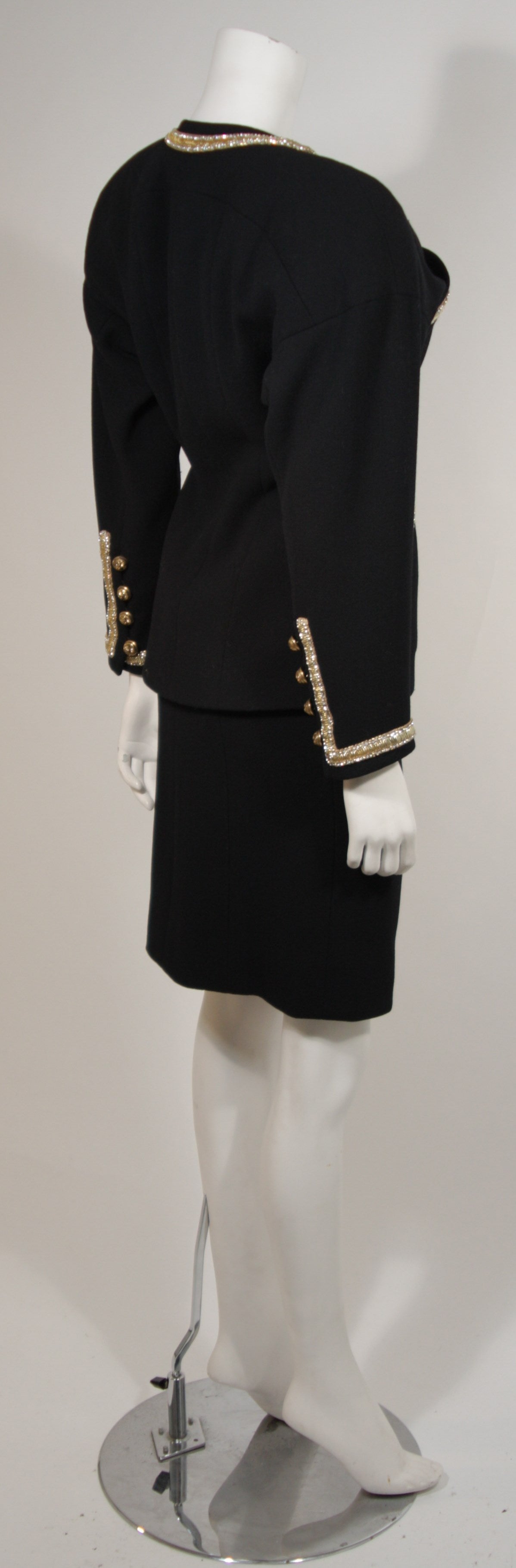 1980's Chanel Haute Couture Black Skirt Suit with Gold Embellished Trim Size 34 2
