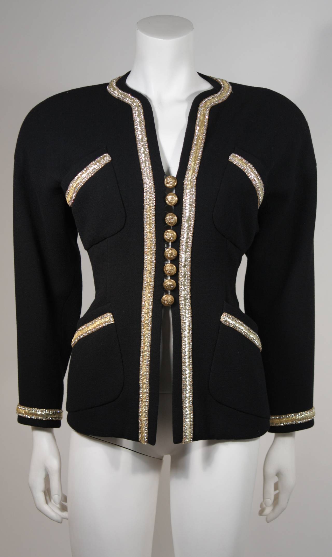 1980's Chanel Haute Couture Black Skirt Suit with Gold Embellished Trim Size 34 4