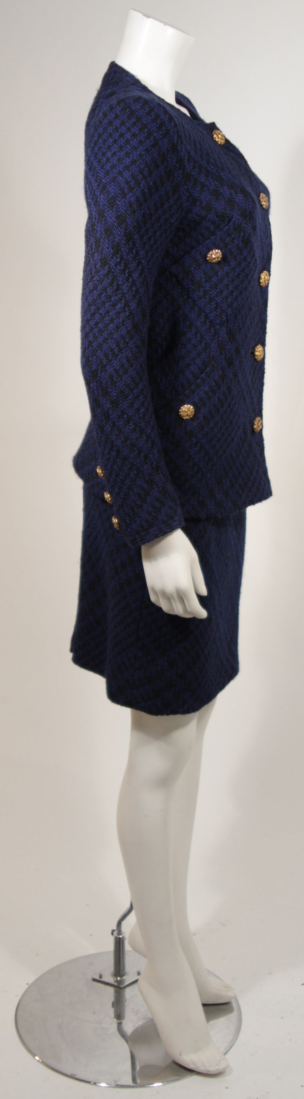 1980's Chanel Haute Couture Blue and Black Tweed Skirt Suit Size 4 1