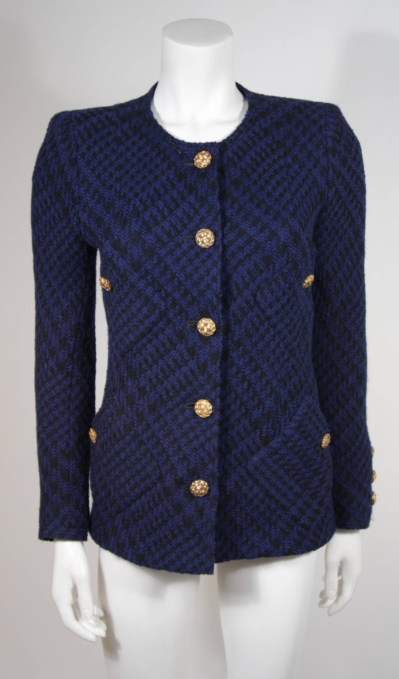 1980's Chanel Haute Couture Blue and Black Tweed Skirt Suit Size 4 For ...