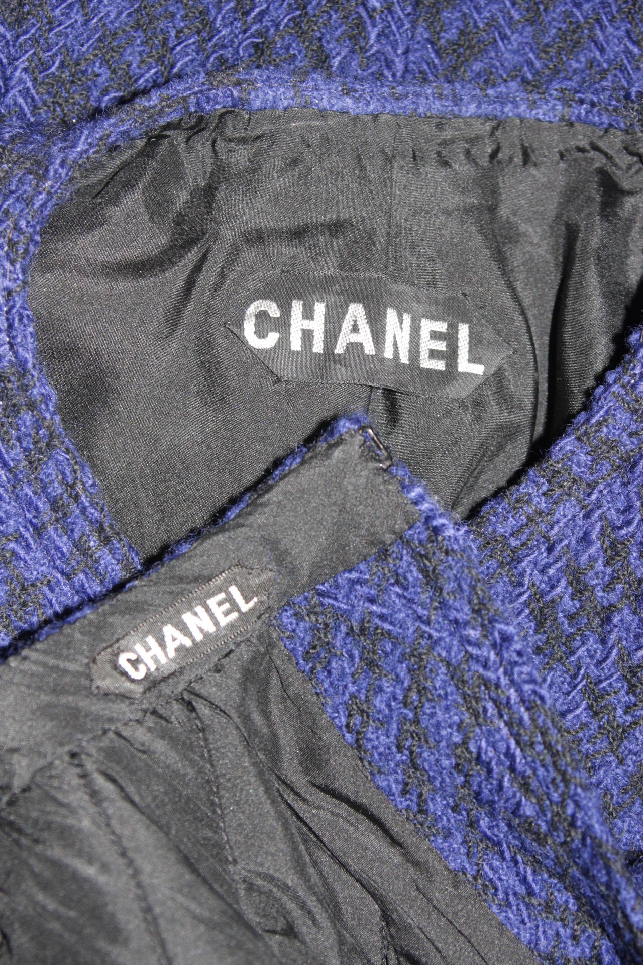 1980's Chanel Haute Couture Blue and Black Tweed Skirt Suit Size 4 5