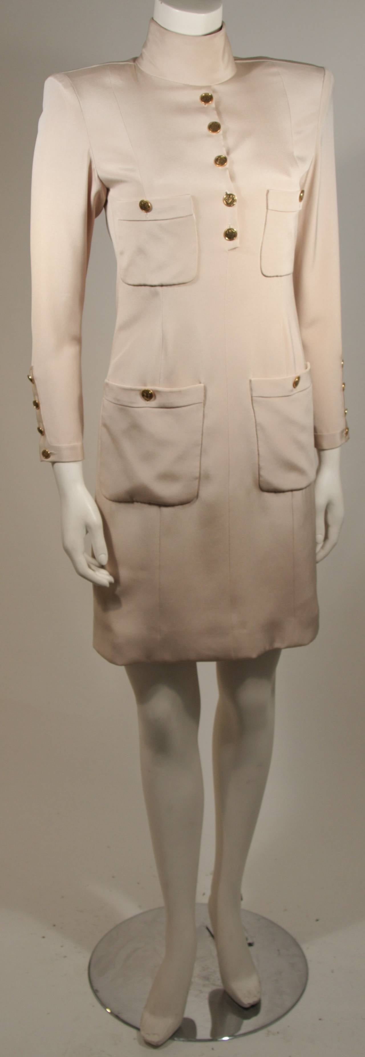1980's Chanel Haute Couture Champagne Silk Military Inspired Dress Size 2-4 In Excellent Condition In Los Angeles, CA