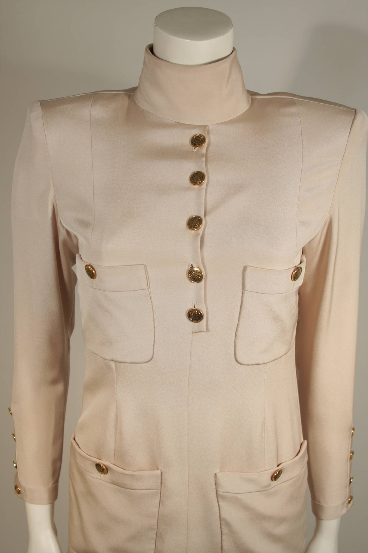 Women's 1980's Chanel Haute Couture Champagne Silk Military Inspired Dress Size 2-4