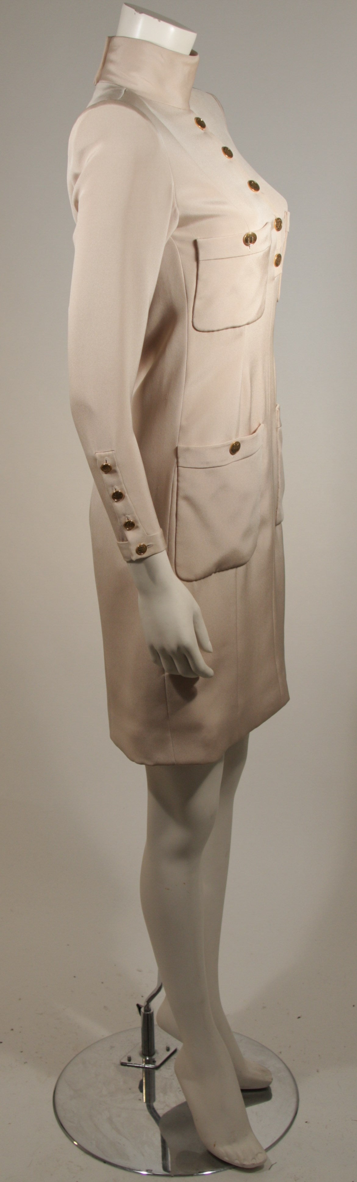 1980's Chanel Haute Couture Champagne Silk Military Inspired Dress Size 2-4 2