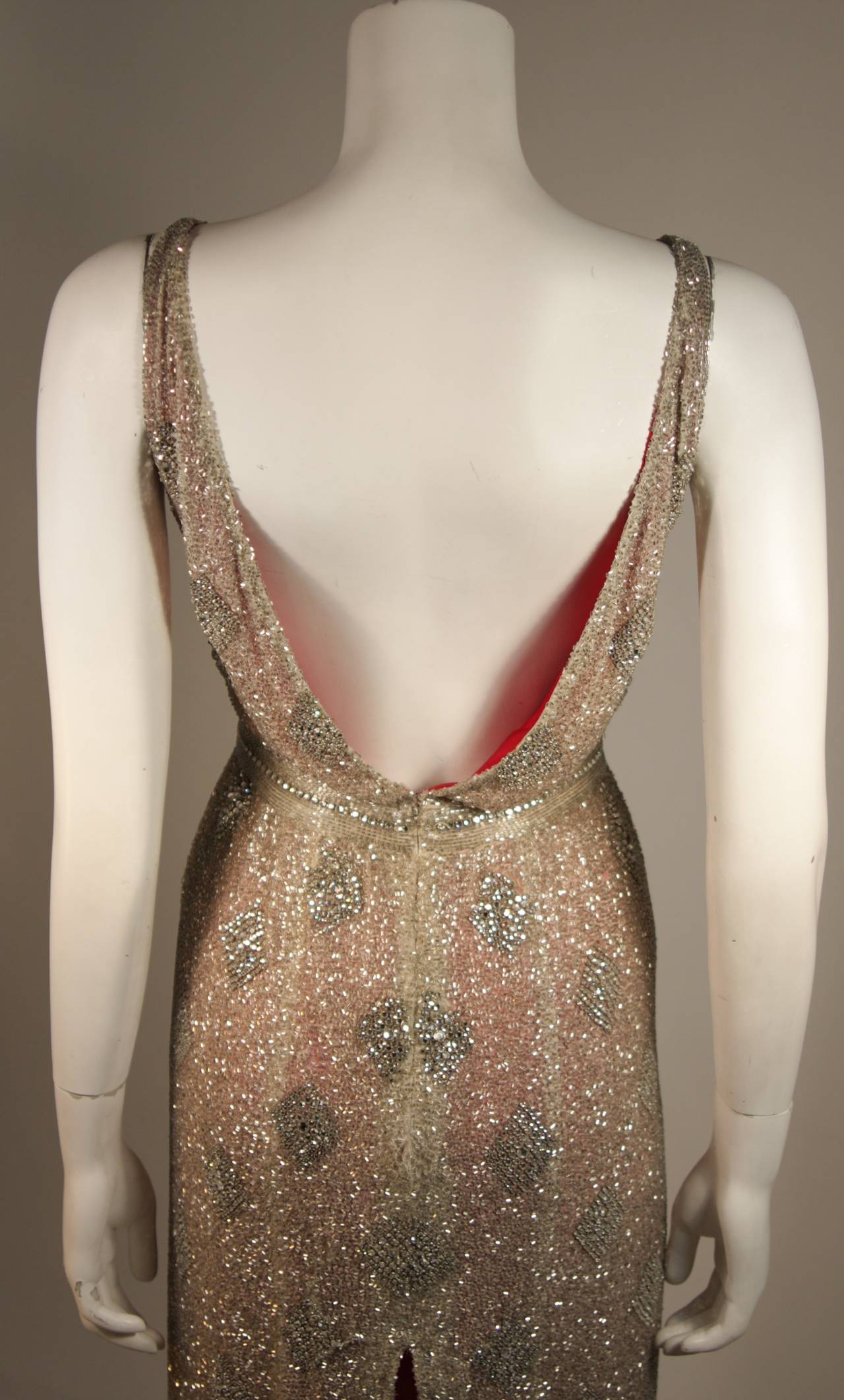 Silver Hand Beaded Rhinestone Gown w Raspberry Silk Lining & Back Slit Size S For Sale 3