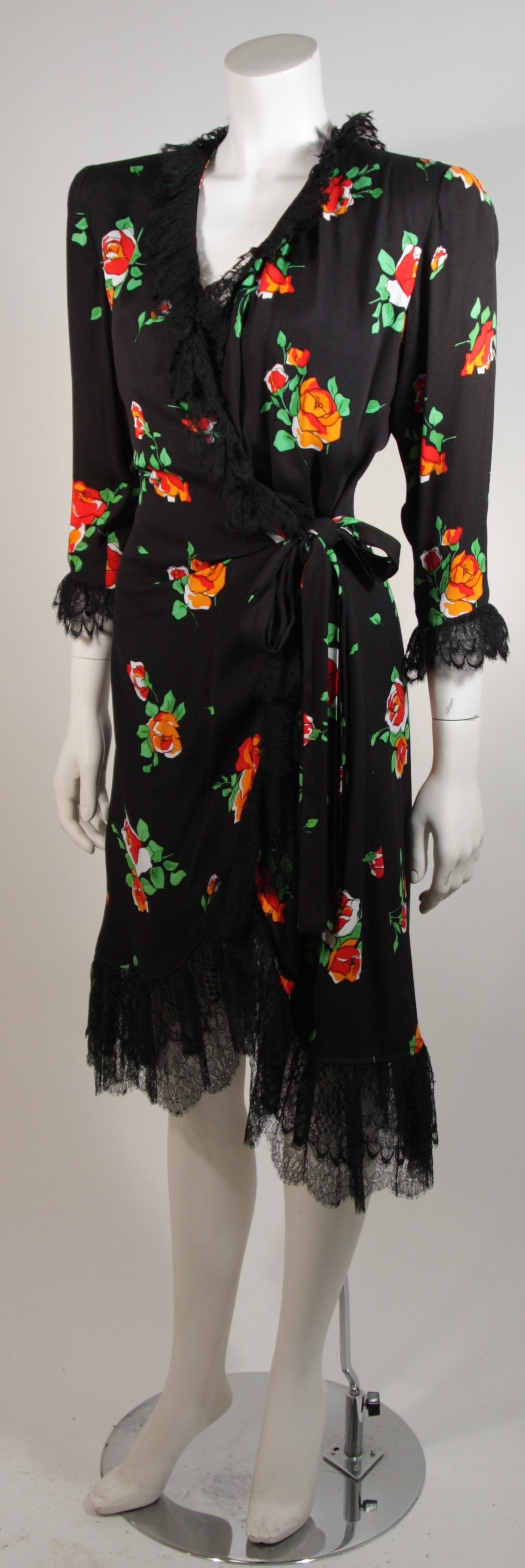 Women's Saint Laurent Rive Gauche Black Crepe Floral Wrap Dress with Lace Trim Size 42