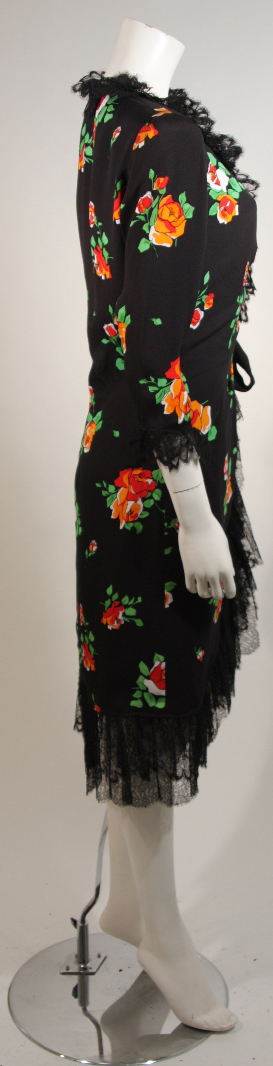 Saint Laurent Rive Gauche Black Crepe Floral Wrap Dress with Lace Trim Size 42 2