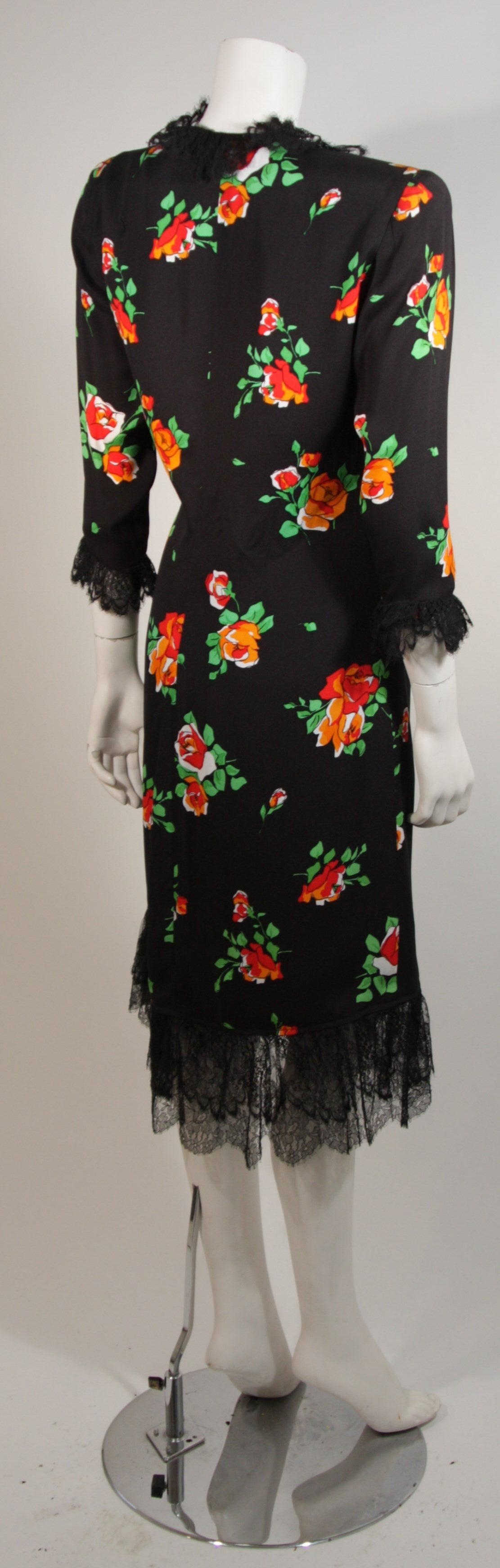 Saint Laurent Rive Gauche Black Crepe Floral Wrap Dress with Lace Trim Size 42 3