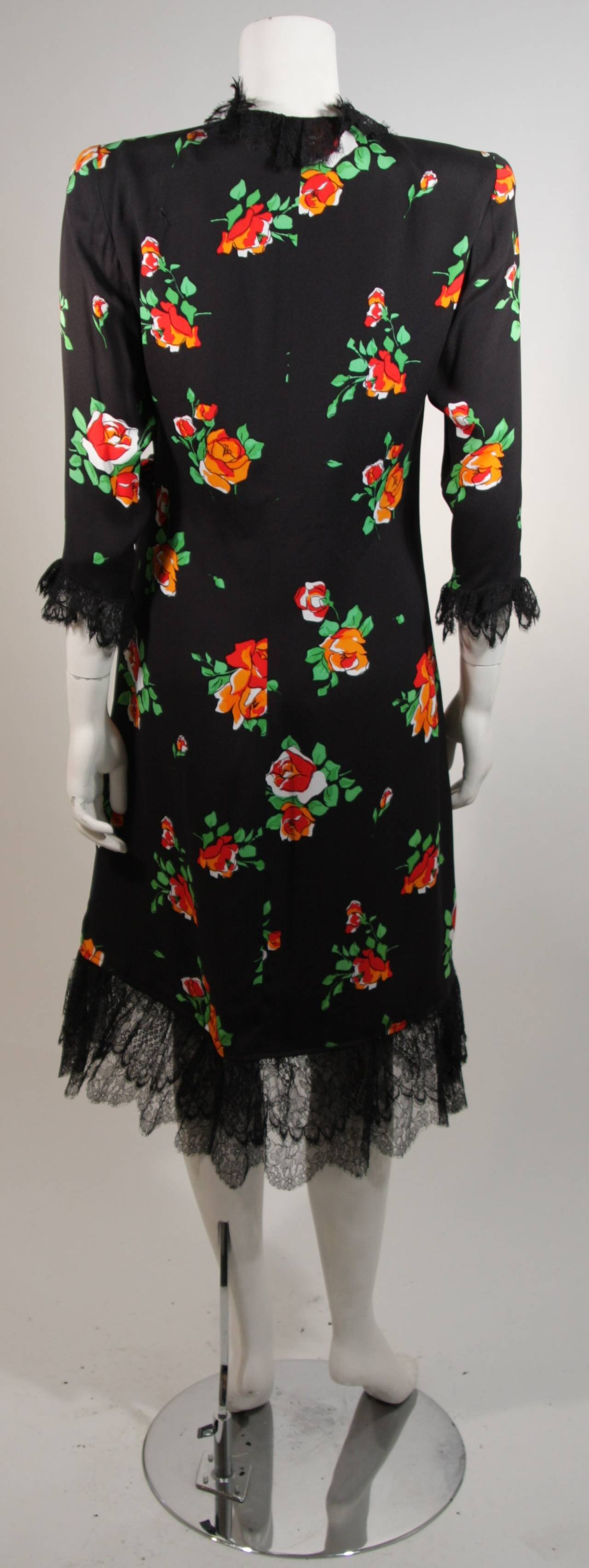 Saint Laurent Rive Gauche Black Crepe Floral Wrap Dress with Lace Trim Size 42 4