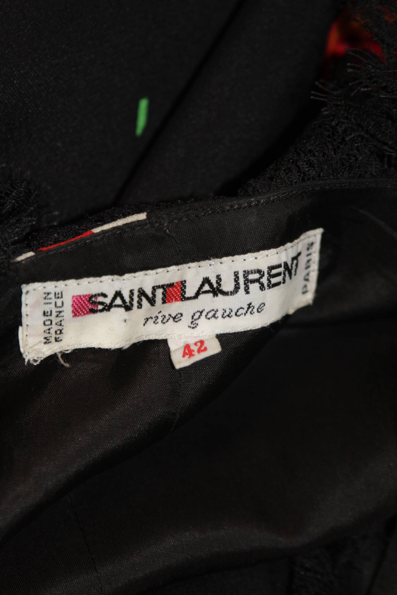 Saint Laurent Rive Gauche Black Crepe Floral Wrap Dress with Lace Trim Size 42 6