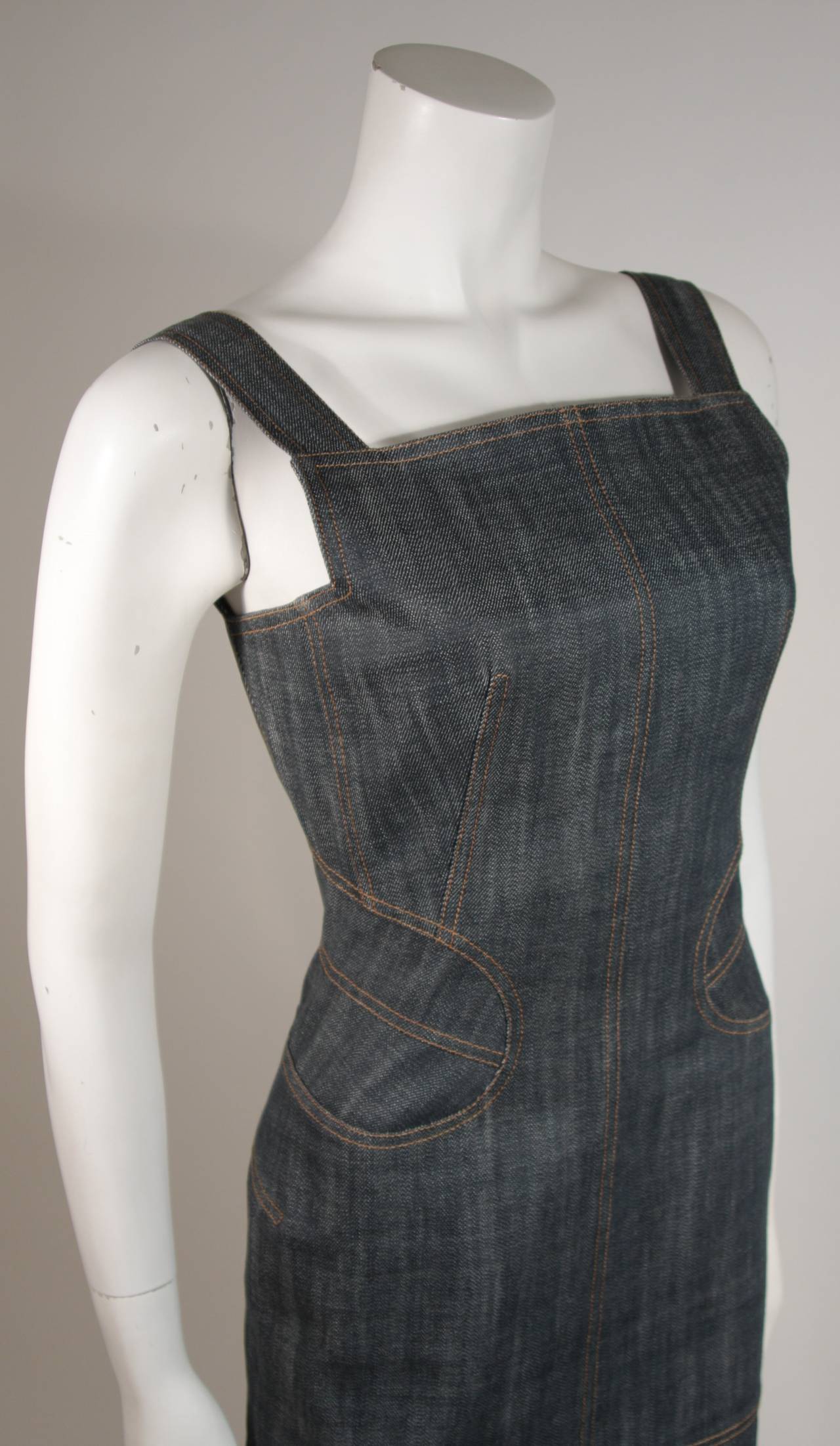 Alaia Flared Denim Zipper Dress Size Small In Excellent Condition In Los Angeles, CA