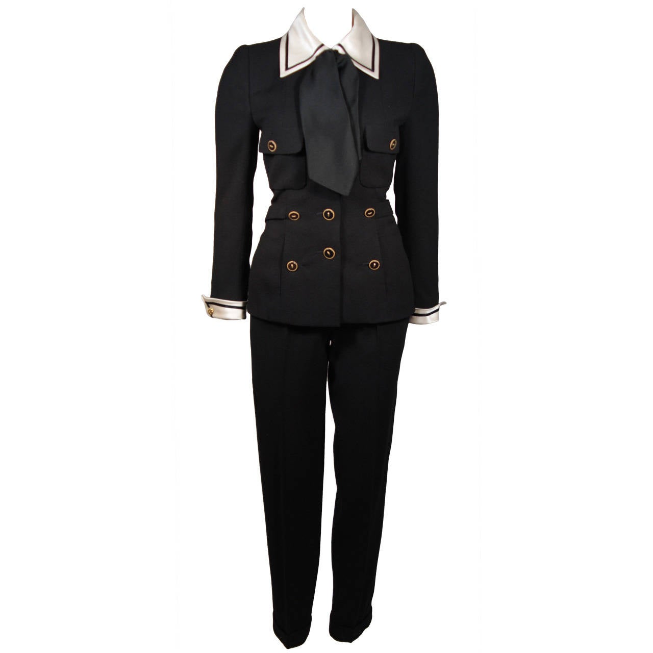 Chanel Haute Couture Black Wool Sailor Inspired Suit Size 2-4 EU 34-36