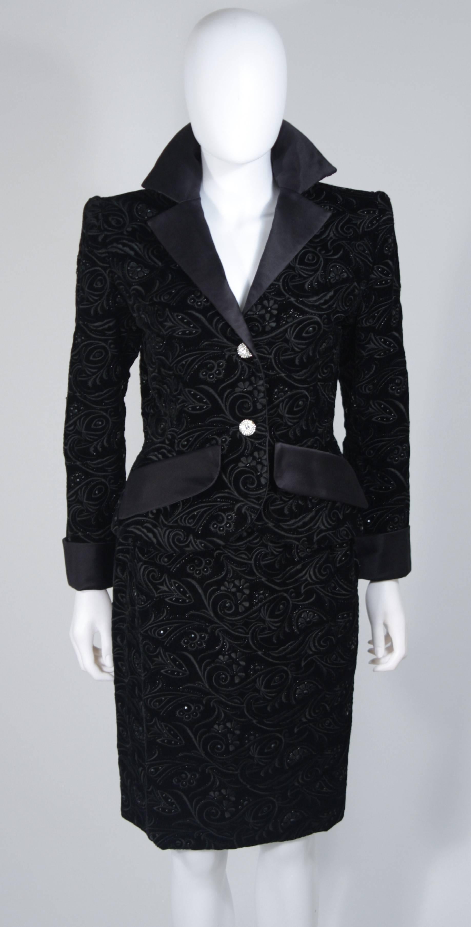 GIVENCHY COUTURE 1980s Black Velvet Floral Embroidered Embellished Suit Size 4-6 In Excellent Condition In Los Angeles, CA