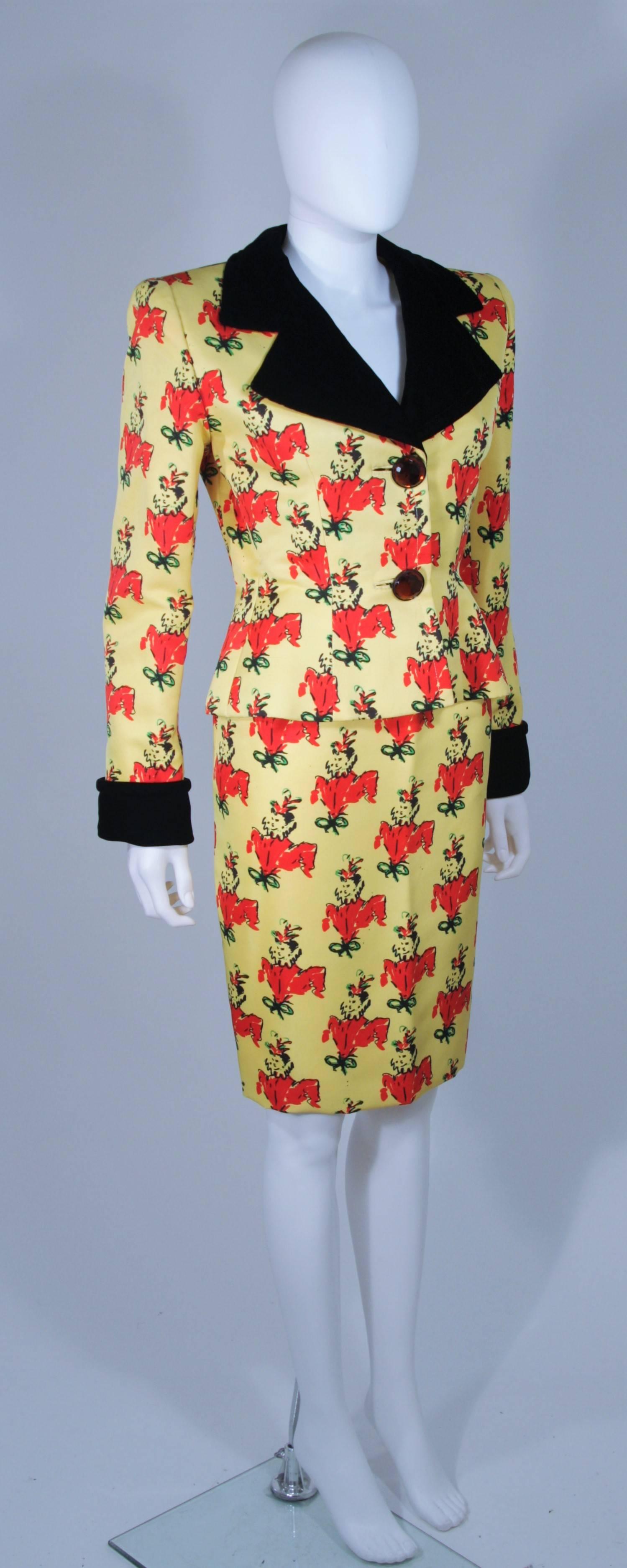 GIVENCHY COUTURE 1980s Yellow Portrait Print Silk Suit with Velvet Trim Size 2-4 In Excellent Condition In Los Angeles, CA