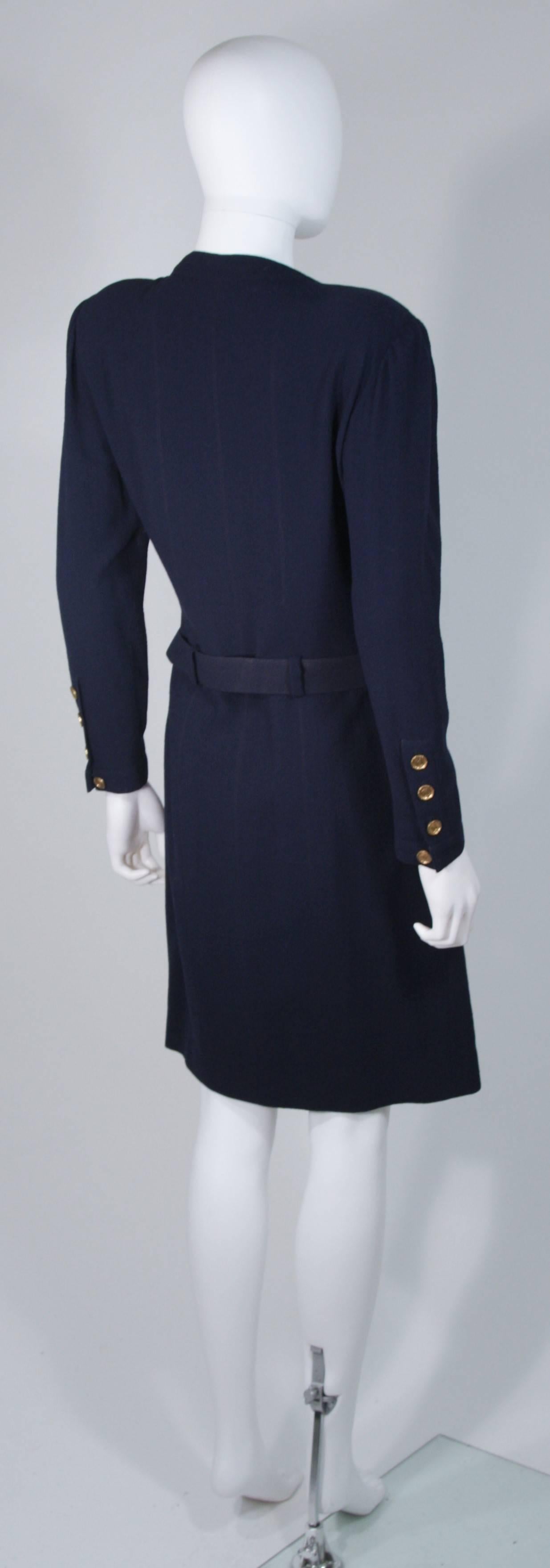 CHANEL Attributed Navy Drape Dress with Belt & Gold Textured Logo Buttons Size 6 3