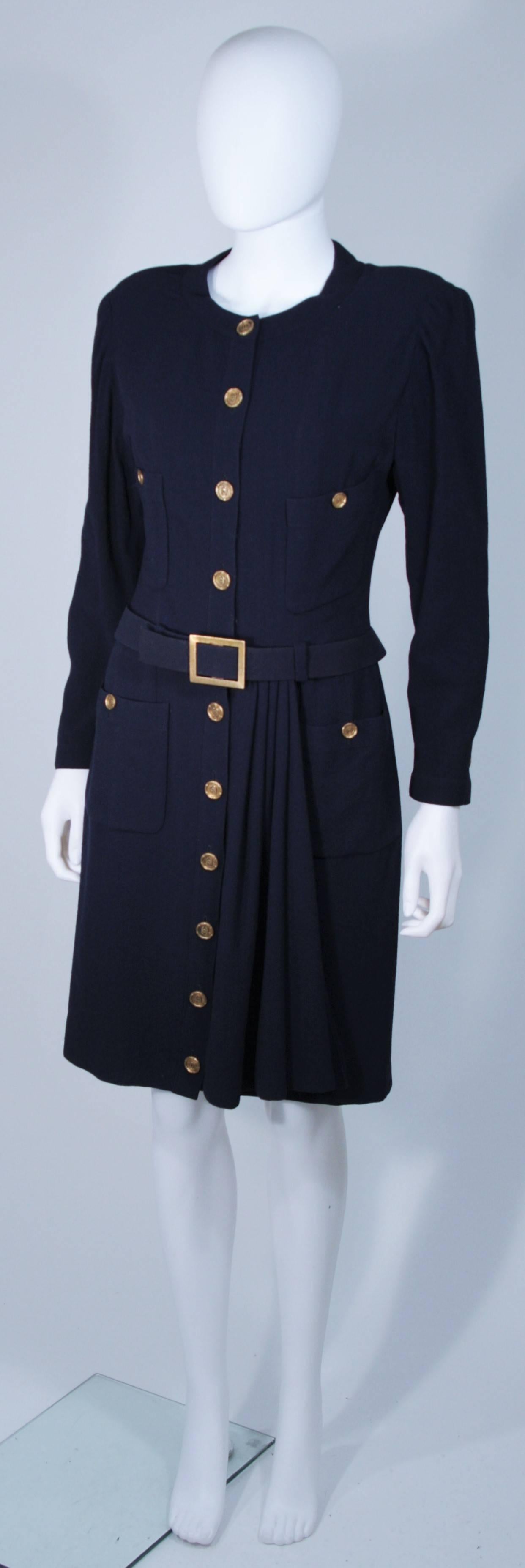 CHANEL Attributed Navy Drape Dress with Belt & Gold Textured Logo Buttons Size 6 In Excellent Condition In Los Angeles, CA