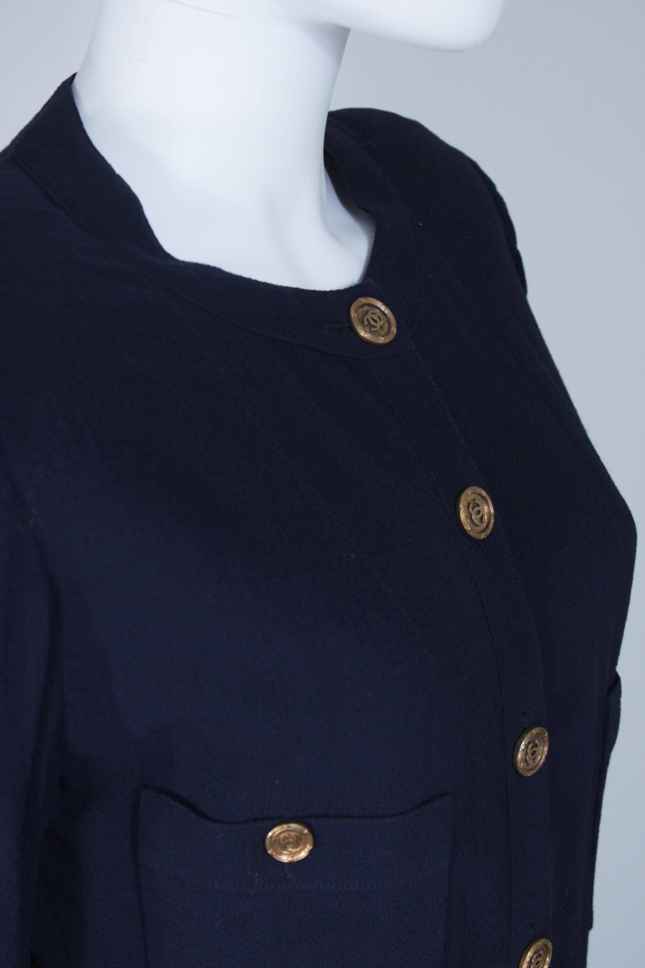 Women's CHANEL Attributed Navy Drape Dress with Belt & Gold Textured Logo Buttons Size 6
