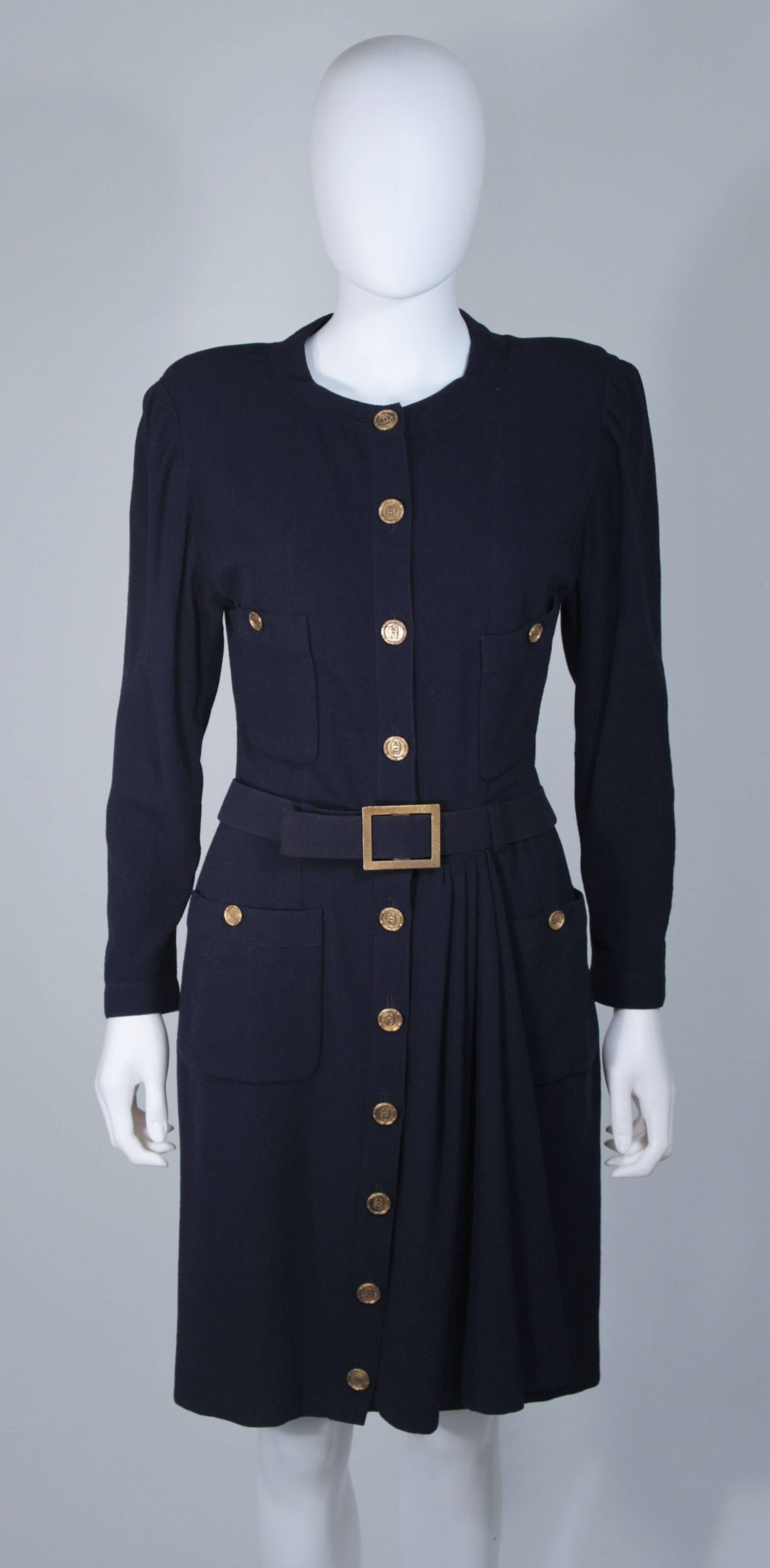 Black CHANEL Attributed Navy Drape Dress with Belt & Gold Textured Logo Buttons Size 6