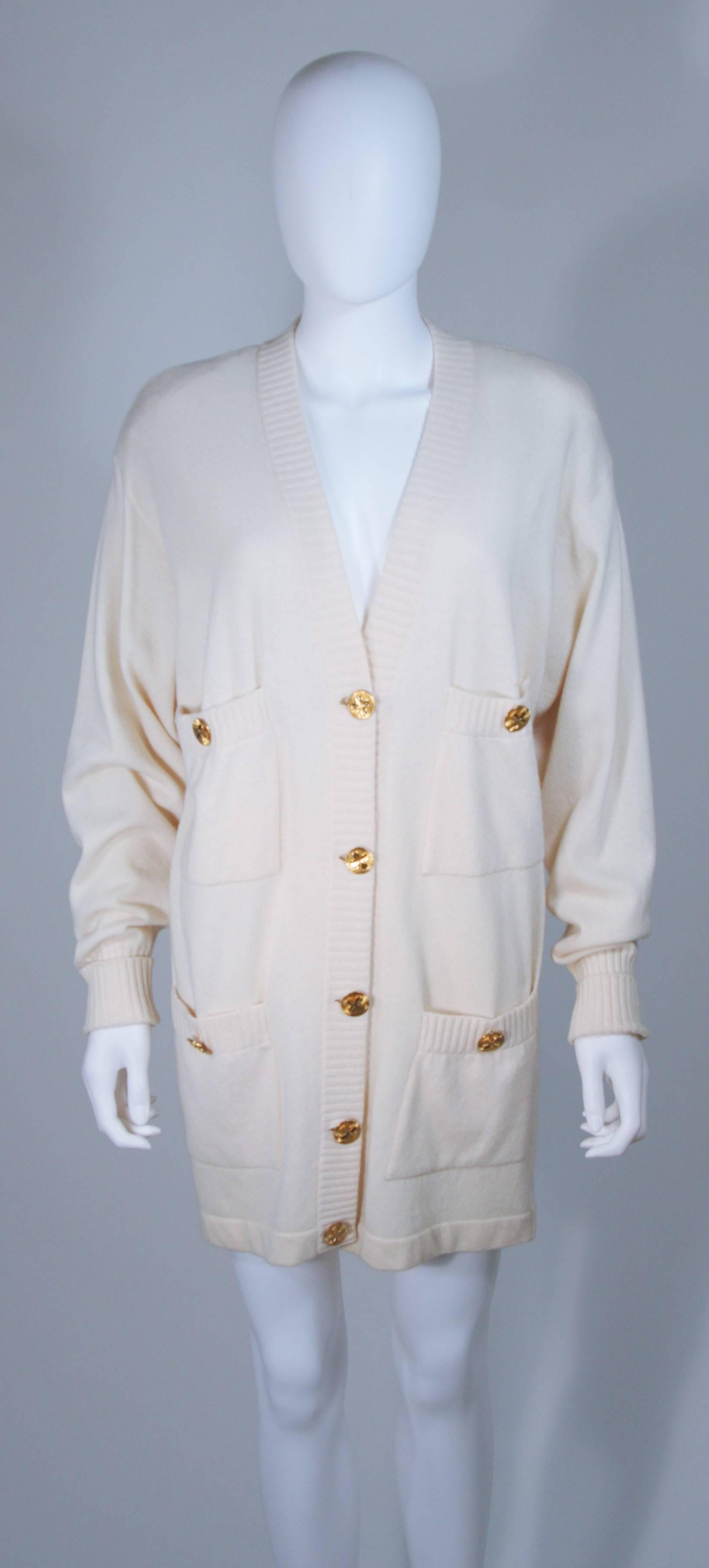 Gray CHANEL Cream Cashmere Cardigan with Gold Buttons Size 36