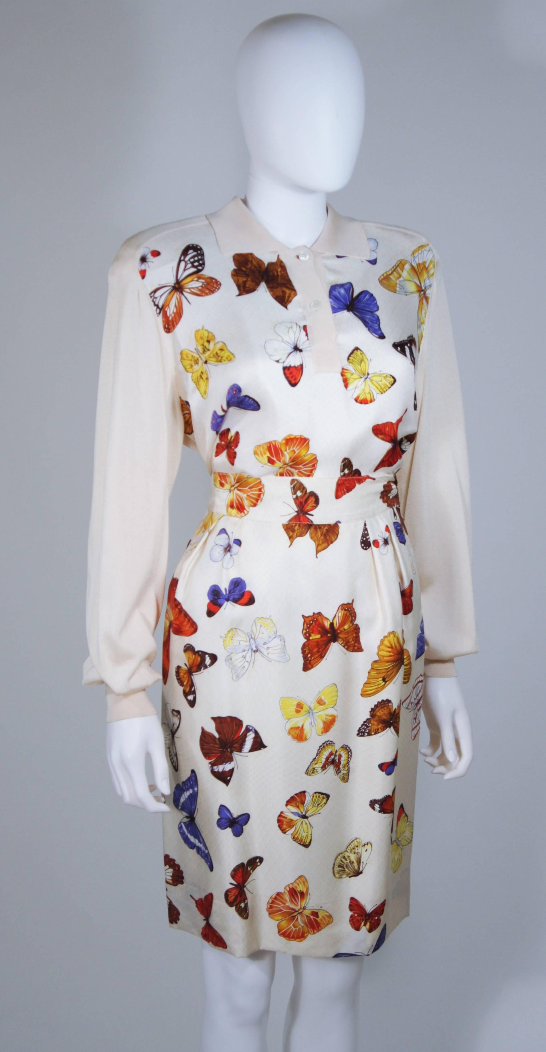 HERMES Cream Silk Butterfly Print Sweater and Skirt Set Size 42 38 In Excellent Condition In Los Angeles, CA