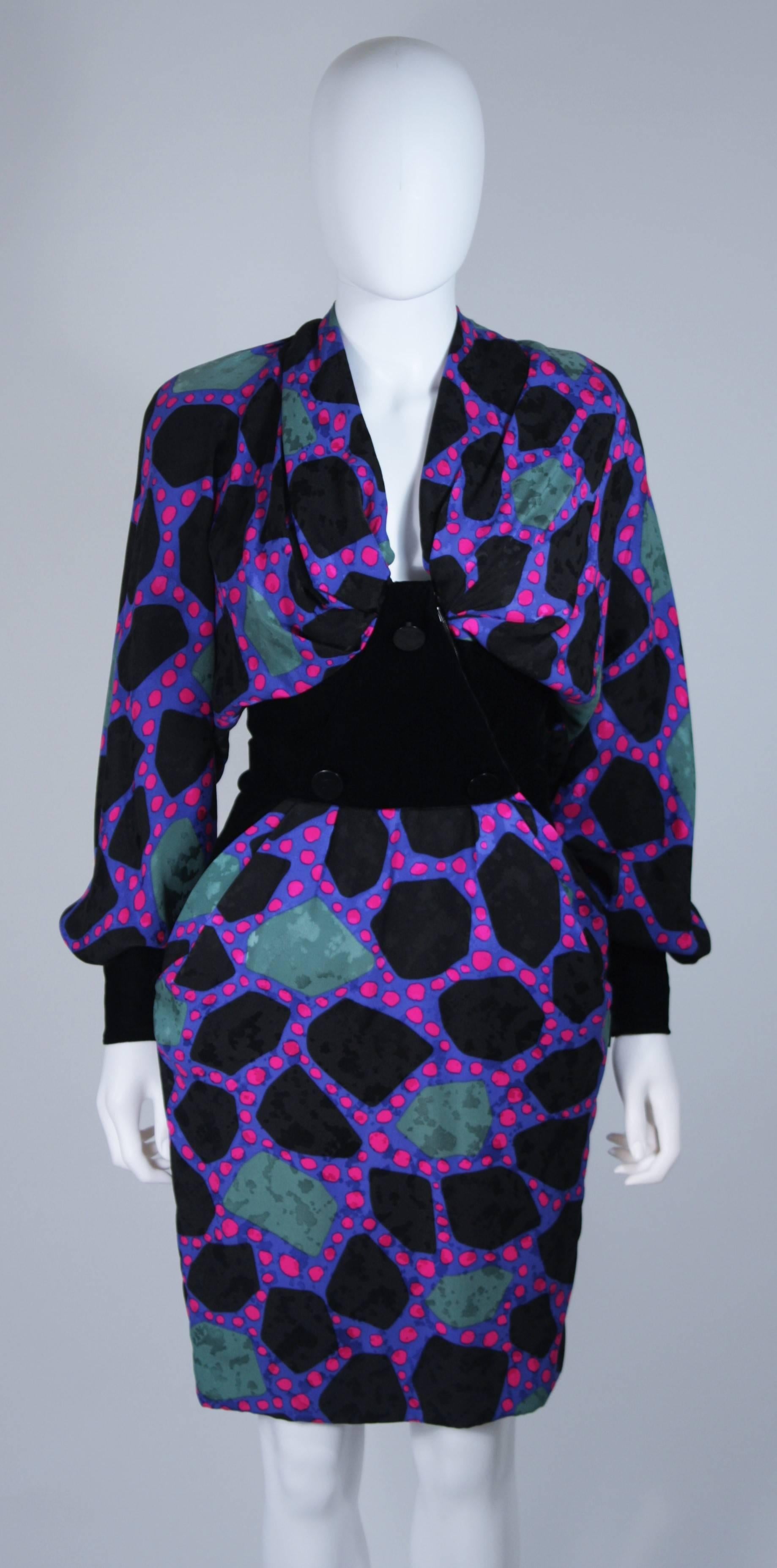 Black JACQUELINE DE RIBES Circa 1990s Abstract Silk Printed Dress with Velvet Size 6-8 For Sale